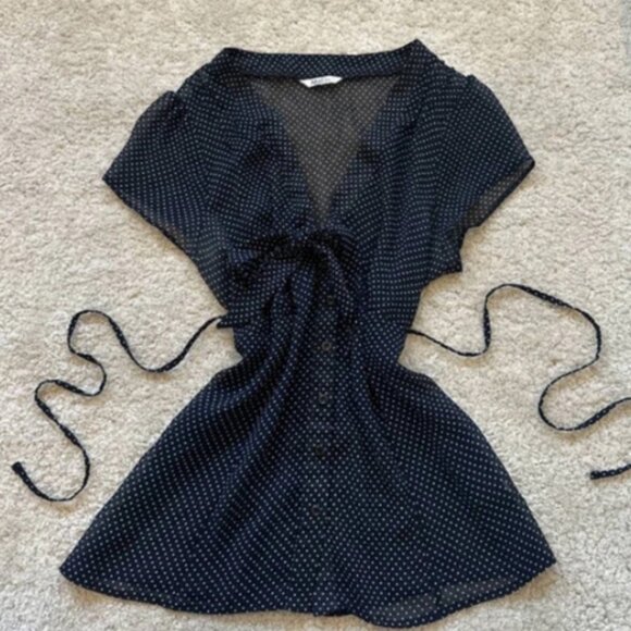 Vintage Y2K 2000s mesh navy and white polka dot tie back V neck button down bydo - Picture 1 of 1